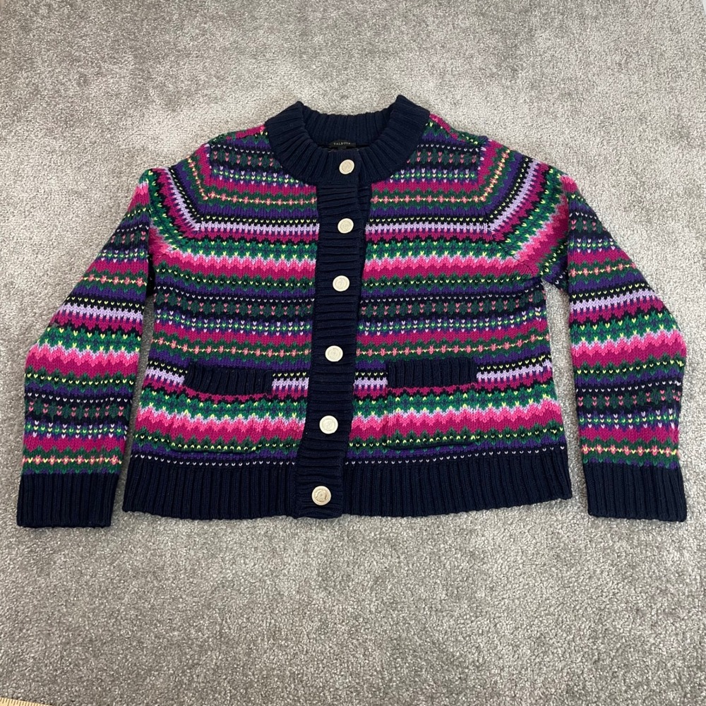 Talbots Cardigan Sweater Womens Large Fair Isle Knit Gold Buttons Cotton Blend